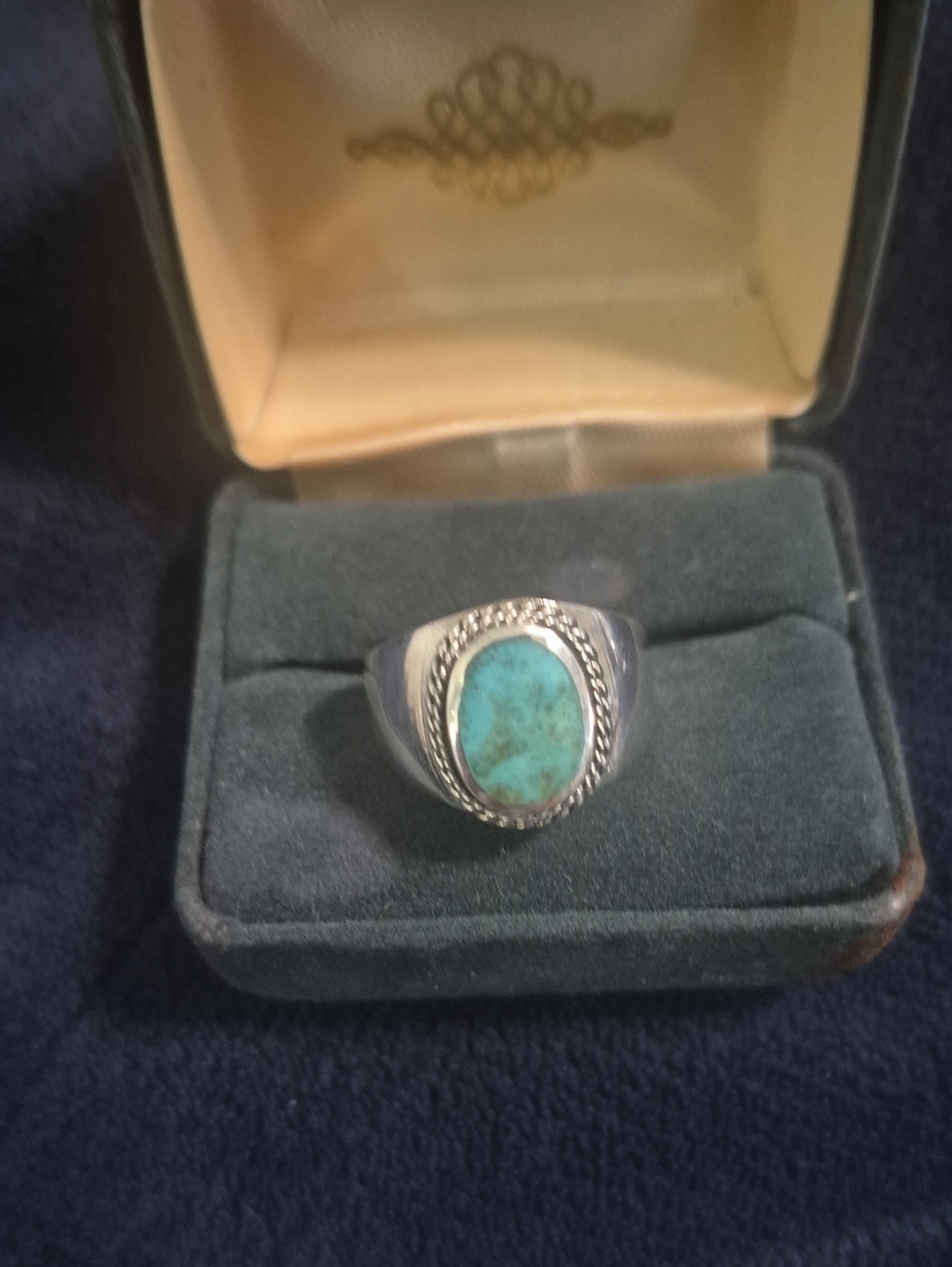 Turquoise Stone Men's Silver Ring - Blue Green Oval Cabochon